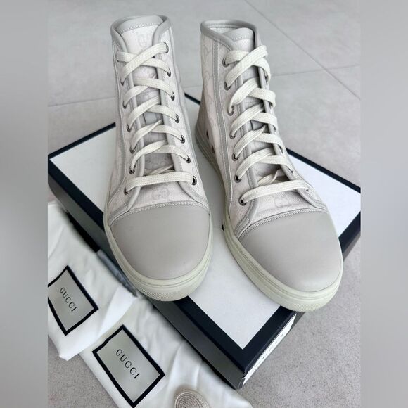 Gucci High Top GG Monogram Sneakers White Canvas Leather Toe Tennis EU 38 US 8 - Picture 2 of 10